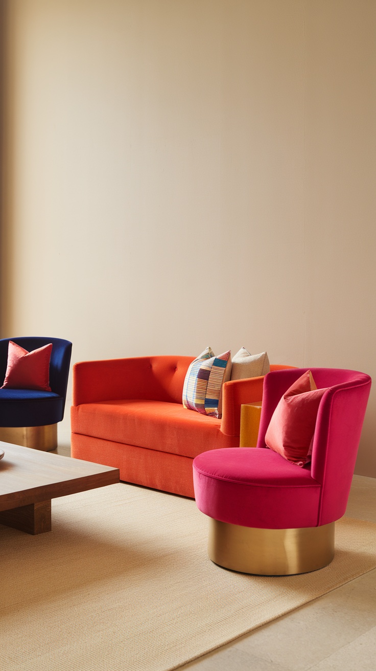 A stylish living room with bold furniture choices featuring a blue chair, an orange sofa, a pink chair, and various decorative pillows.