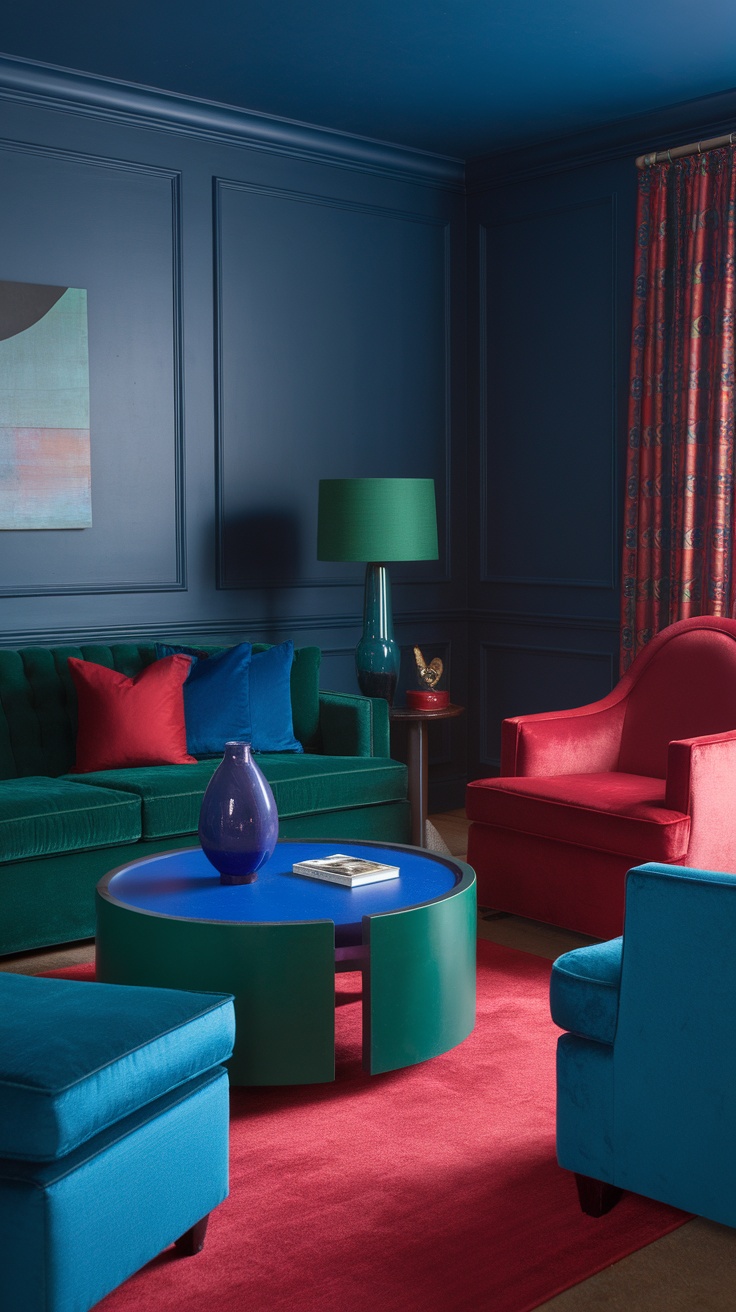 A living room featuring bold jewel tones with a navy background, emerald green sofa, ruby red armchair, and colorful pillows.