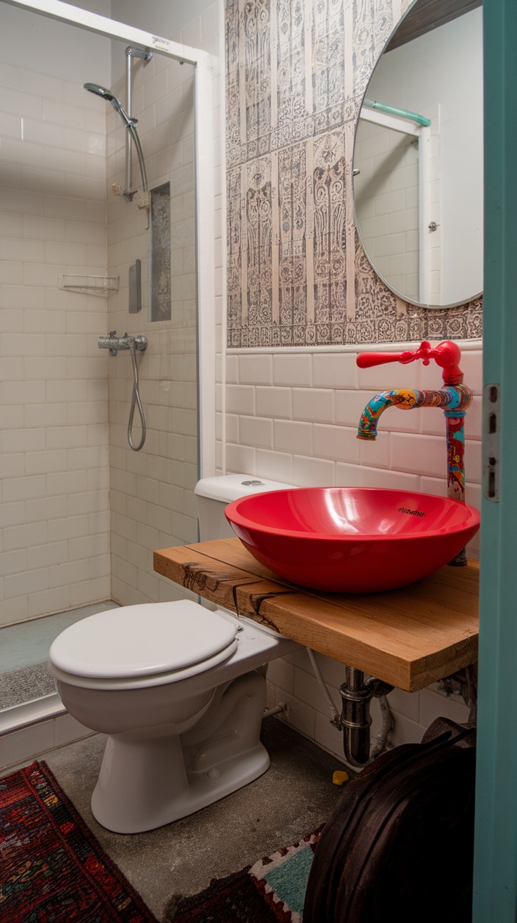 A small bathroom featuring a bold red sink bowl, patterned faucet, and minimalist decor.