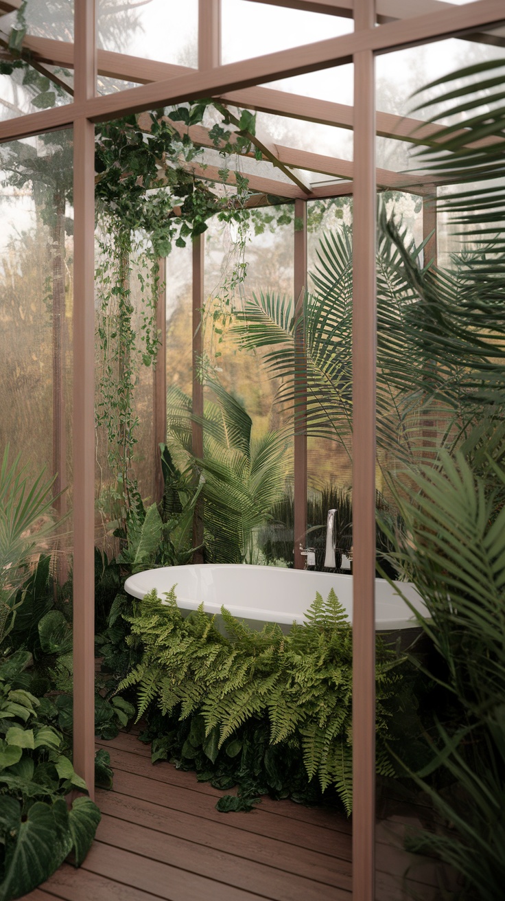 A serene bathroom retreat featuring a freestanding tub surrounded by lush greenery.