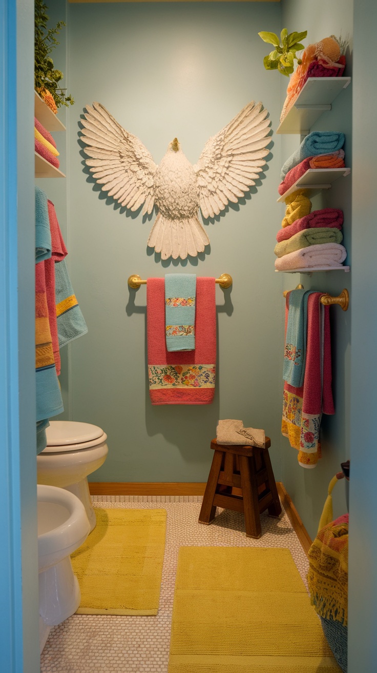 Colorful small bathroom with bright towels, decorative eagle, and plants.