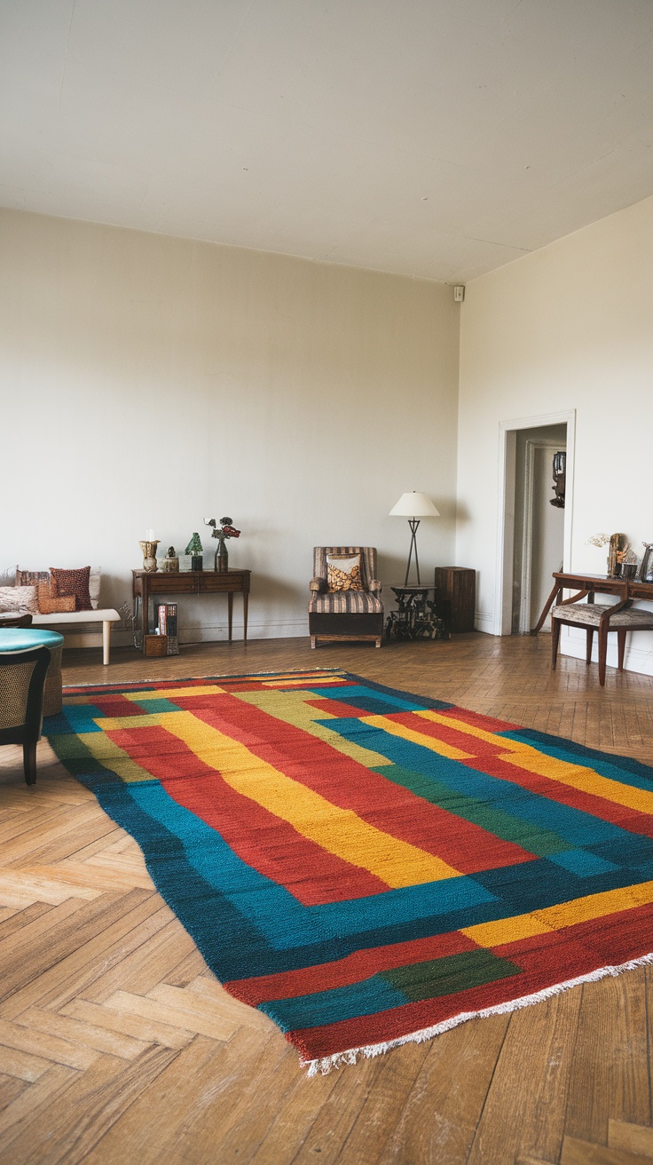 A brightly colored area rug with red, yellow, and blue stripes on a wooden floor in a living room.