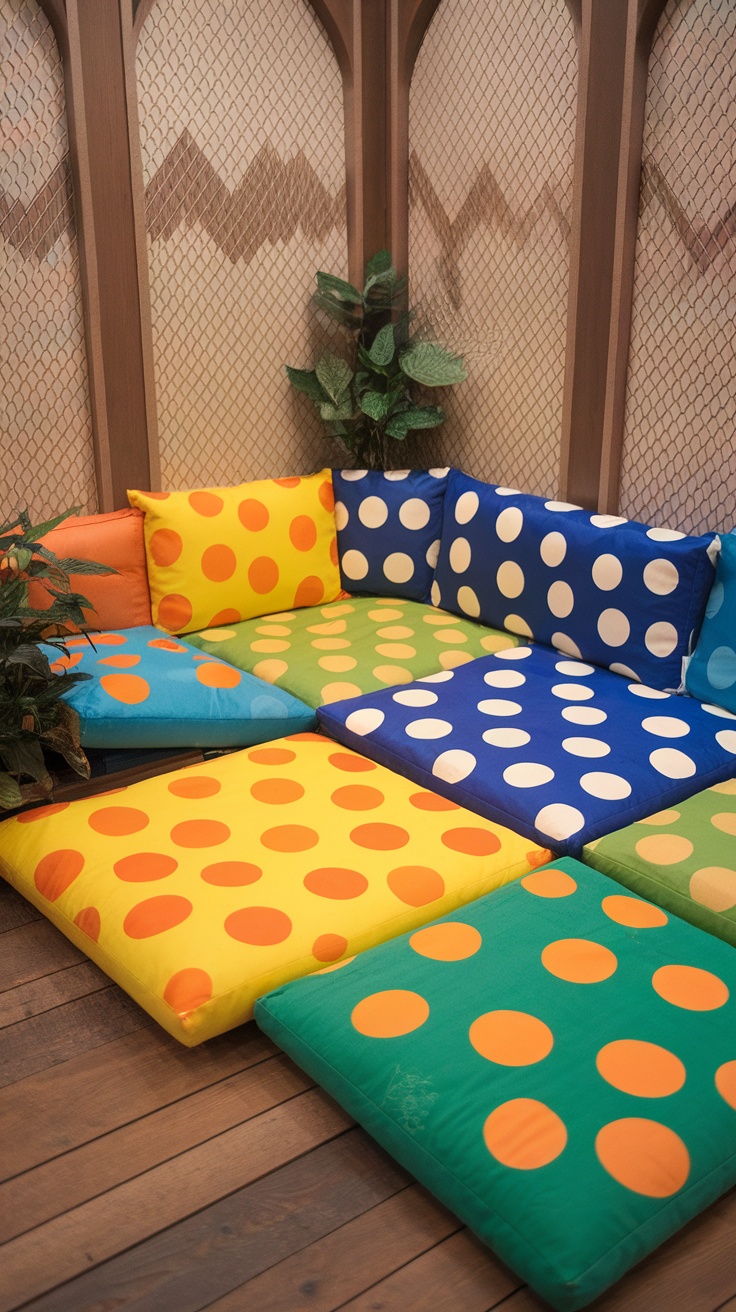 Vibrant floor cushions in various colors and polka dot patterns arranged on a wooden floor.