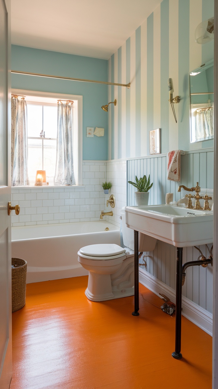 A small bathroom featuring bright orange flooring, blue and white striped walls, and minimalist decor.