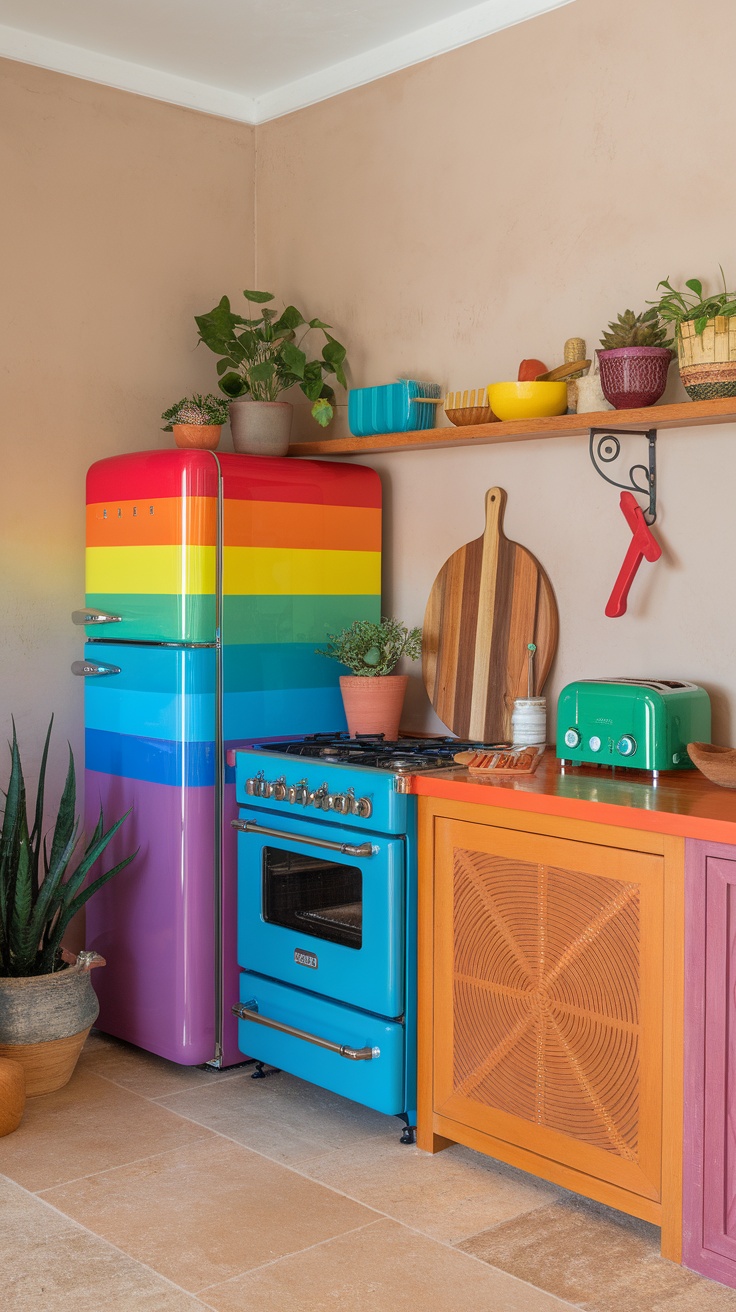 A colorful kitchen featuring a rainbow-striped refrigerator, blue stove, and vibrant cabinetry.