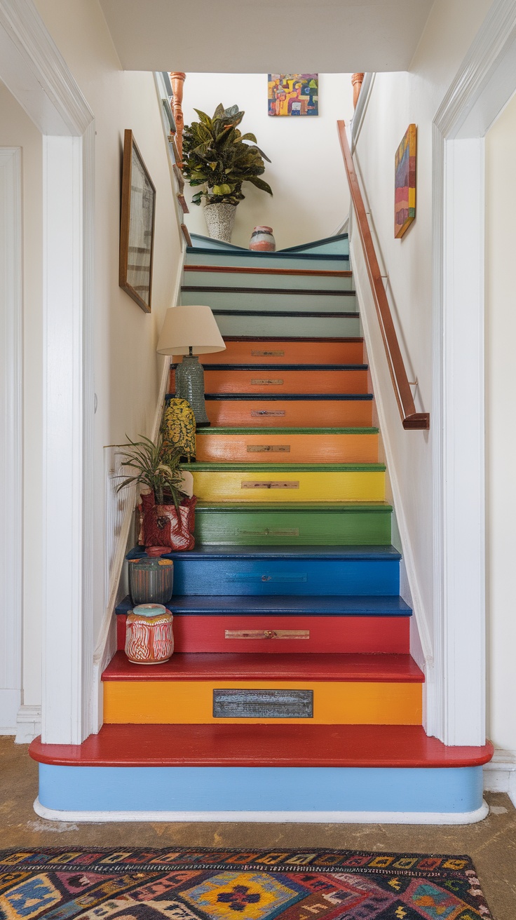 A colorful staircase with rainbow-painted steps, decorative plants, and a lamp