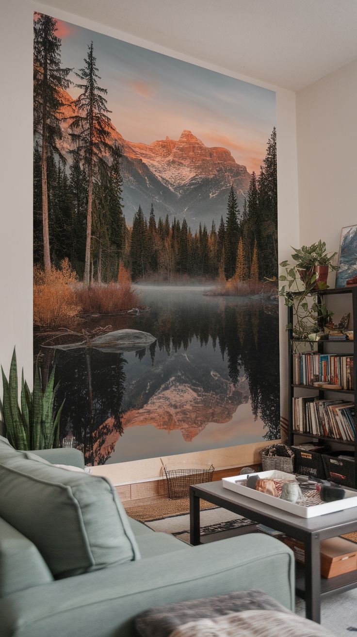 A living room featuring a large landscape mural of mountains, trees, and a lake, creating a serene indoor nature vibe.