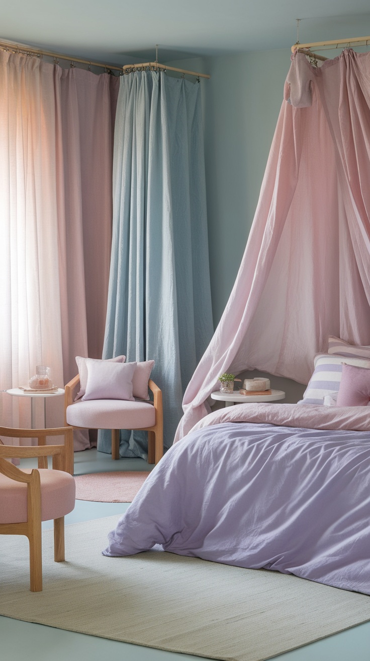 A serene bedroom with pastel pink and blue decor, featuring a bed with lavender bedding, light curtains, and a cozy chair.