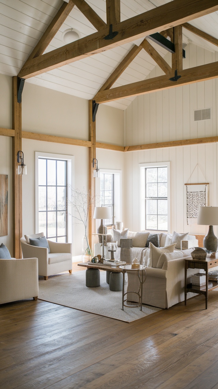 A bright and airy modern farmhouse living room with wooden beams and cozy furniture.