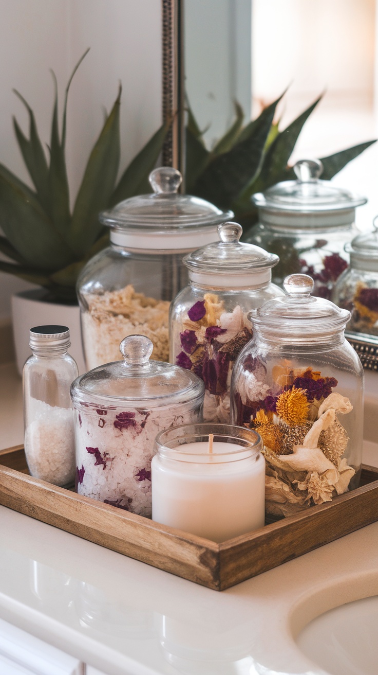 A collection of charming apothecary jars on a wooden tray, filled with bath salts, dried flowers, and a candle.