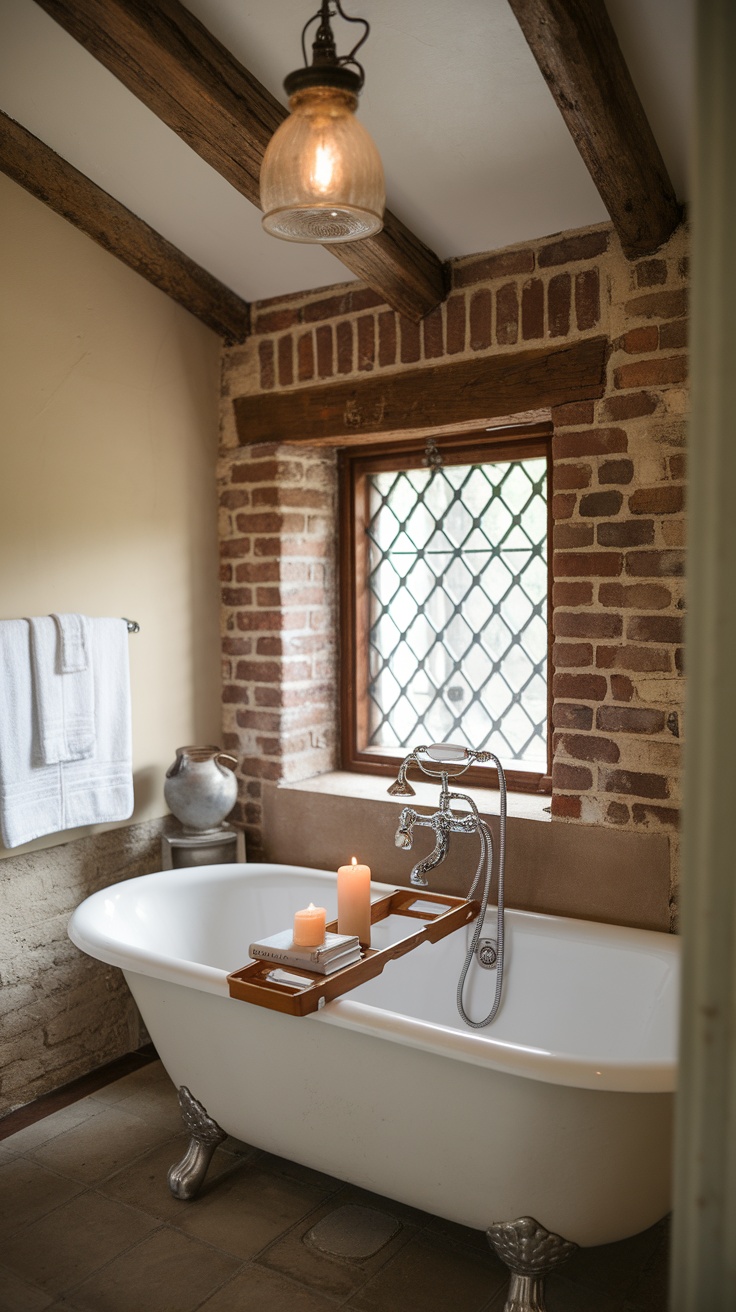 A vintage-style bathroom with a wooden bathtub tray, candles, and rustic decor.