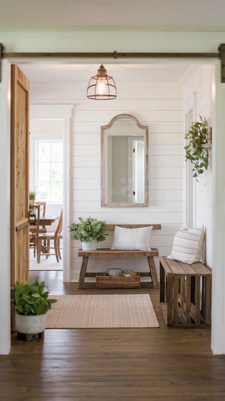 Charming entryway with a wooden bench, mirror, and plants