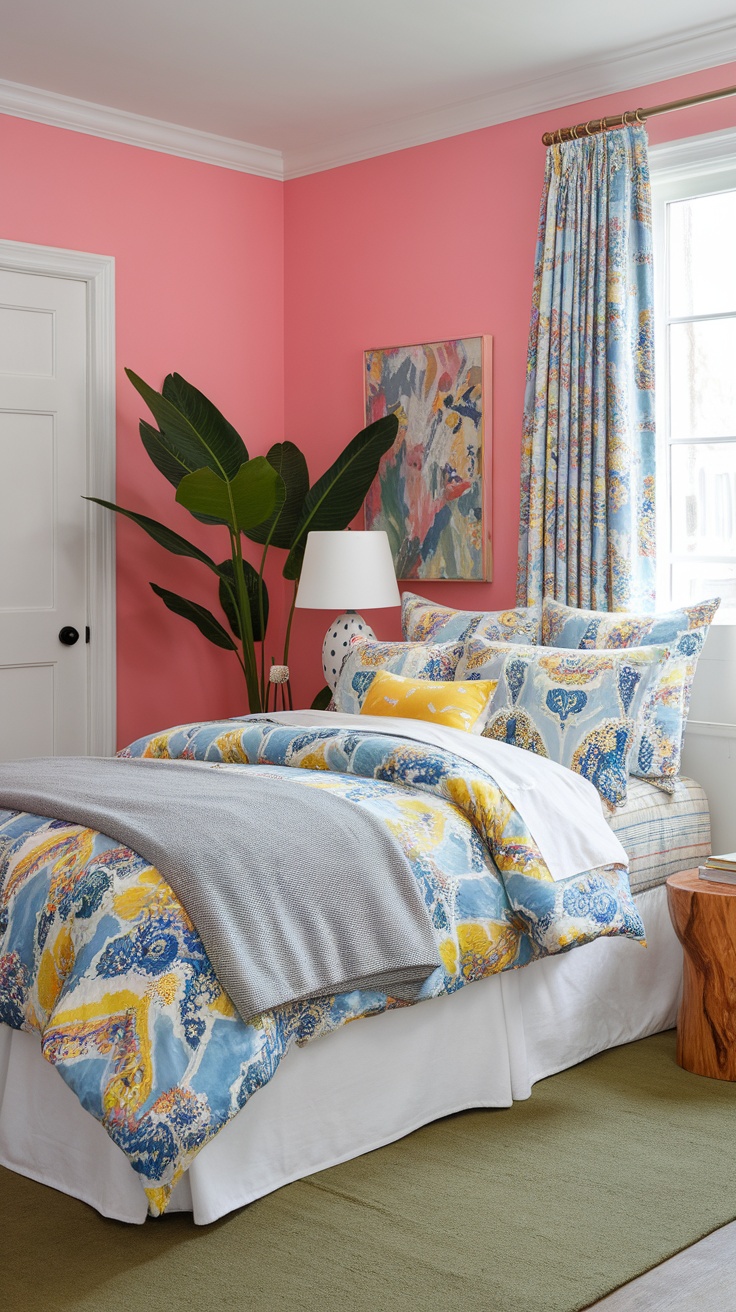 A colorful bedroom featuring cheerful bedding with blue and yellow patterns against pink walls.