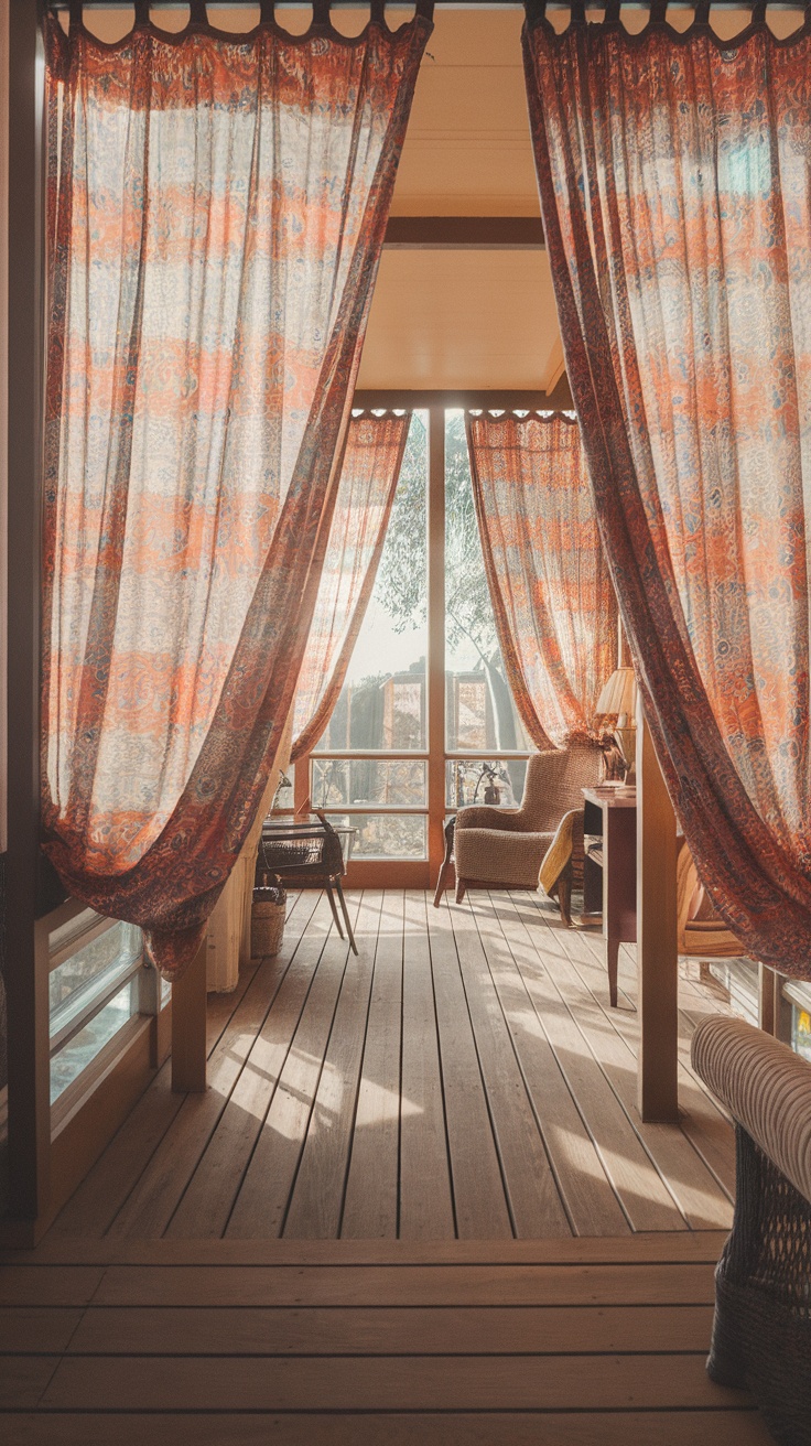 Bright patterned curtains in a cozy room with wooden flooring and a comfortable chair.