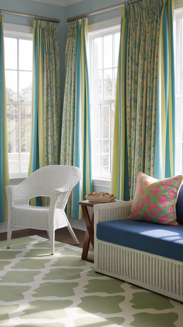 Room with colorful window treatments in blue and yellow patterns, featuring a white wicker chair and green patterned rug.