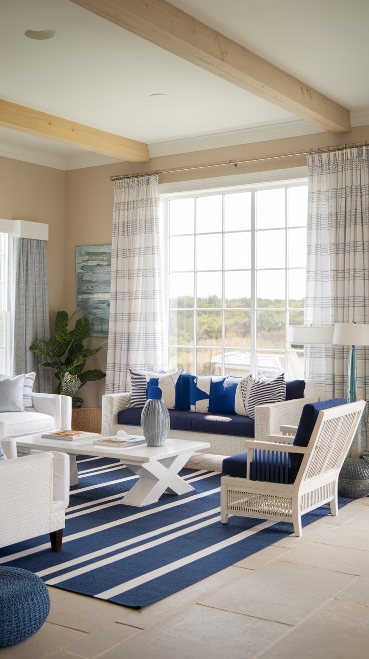 Coastal farmhouse living room with blue and white decor, featuring a striped rug and comfortable seating.