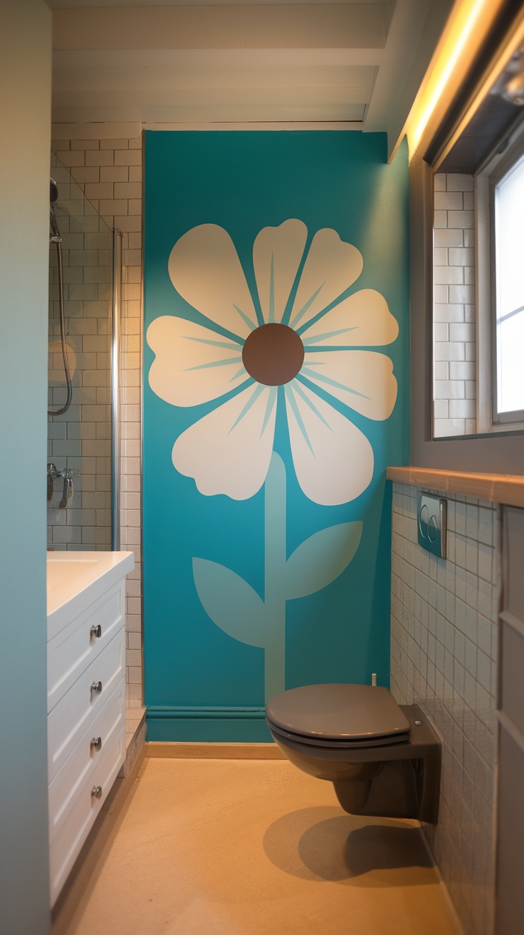 Small bathroom featuring a colorful accent wall with a flower design