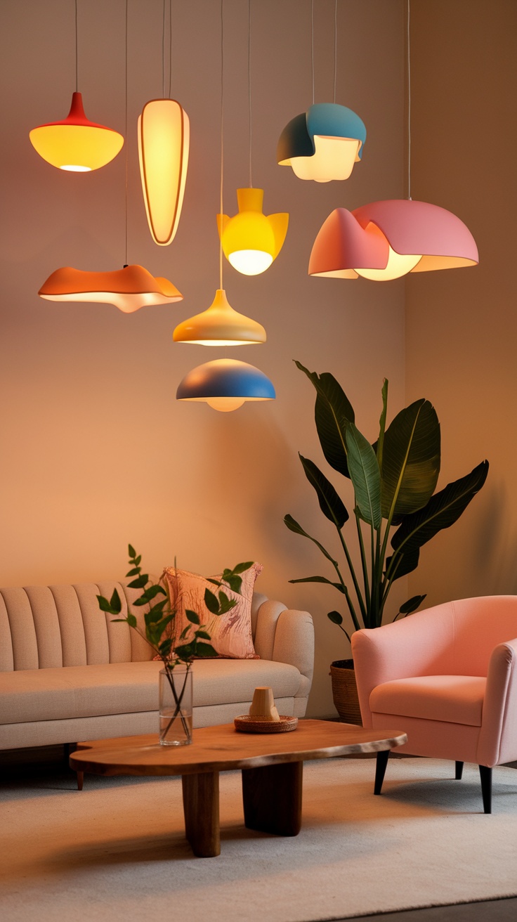 A collection of colorful pendant lighting fixtures hanging above a cozy living space.