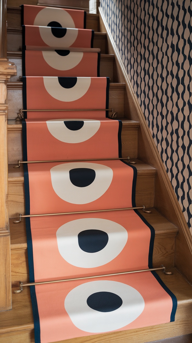 Colorful staircase runner with bold circular patterns on wooden stairs