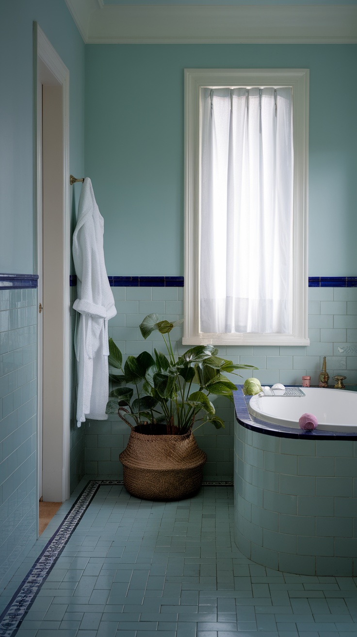 A serene bathroom with cool blue walls, darker blue tiles, and green plants.