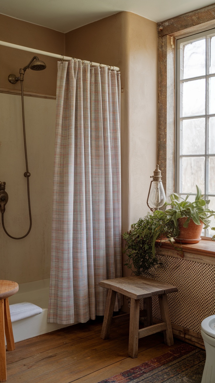 Cozy bathroom featuring a plaid shower curtain, wooden stool, and potted plant by the window.