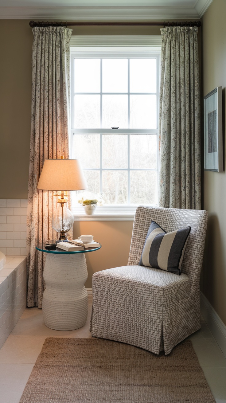 Cozy reading nook by a bathroom window with a soft chair, side table, and patterned curtains.