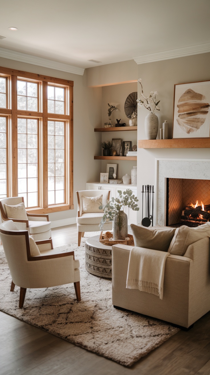 A cozy modern farmhouse living room with cream-colored furniture and warm decor.