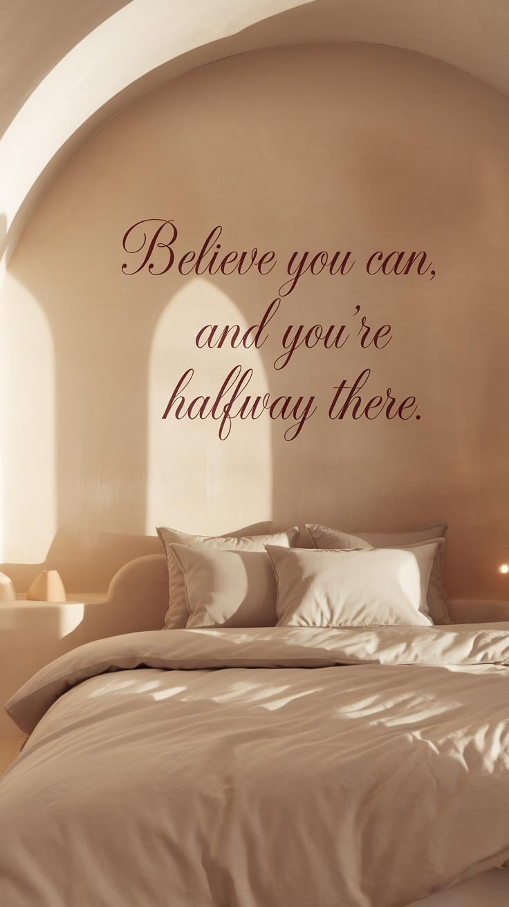 A cozy bedroom with inspirational wall art, featuring warm tones and simple decor.