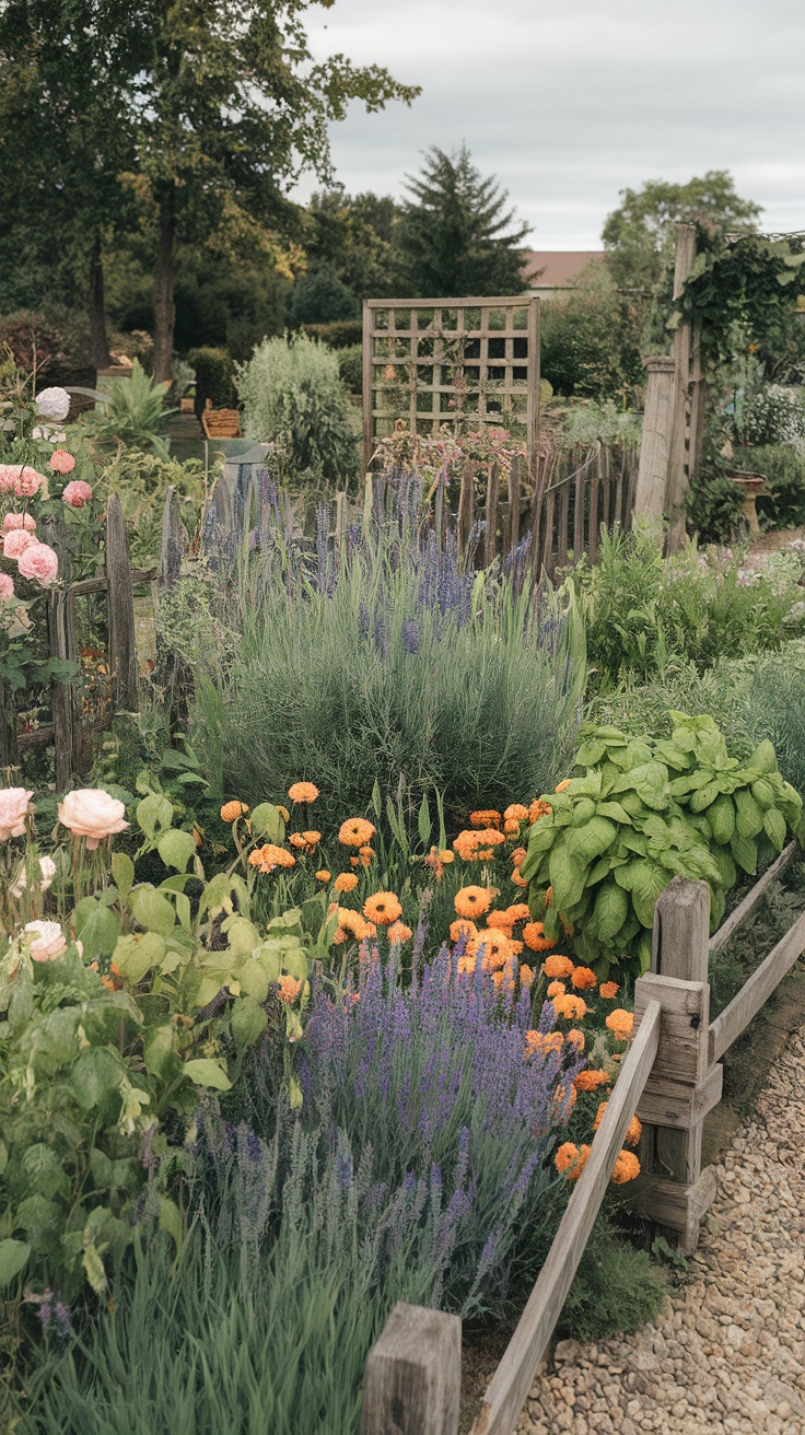 A beautifully arranged farmhouse garden with vibrant flowers and herbs.