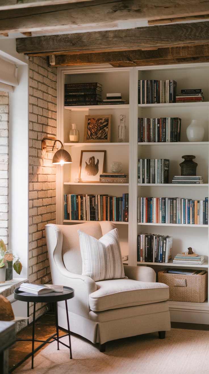 A cozy nook with a cream-colored chair, bookshelf, and warm lighting.