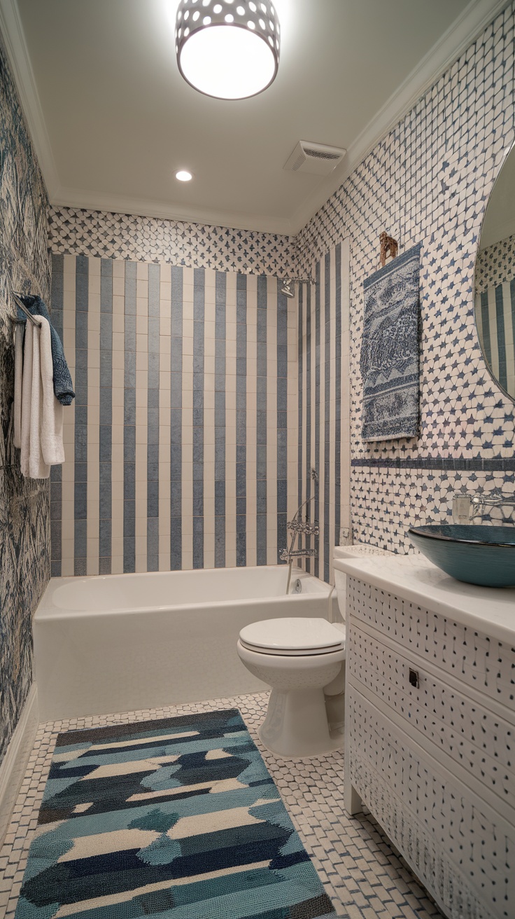 A small bathroom featuring a creative mix of patterned tiles in blue tones, with a bathtub, sink, and stylish decor.