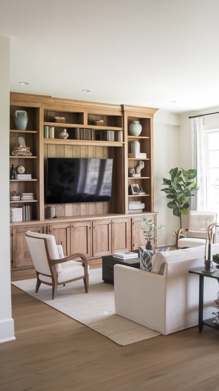 A modern farmhouse living room with custom built-ins, featuring light colors and wooden accents.