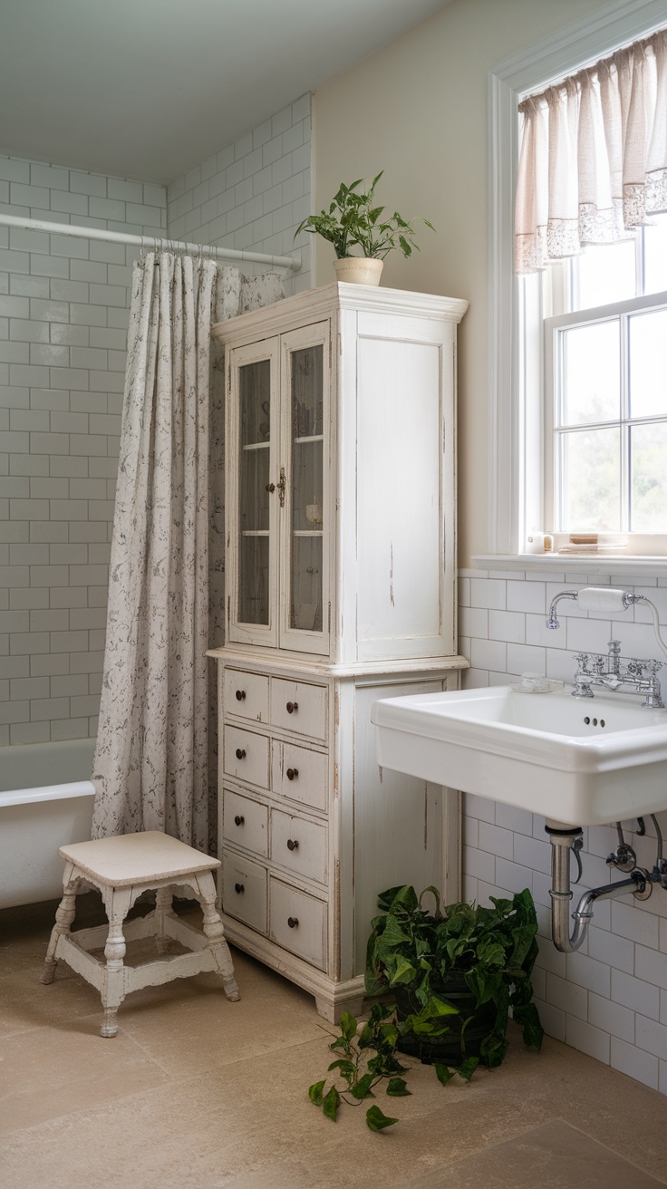 A cozy bathroom featuring distressed white furniture, a plant, and rustic decor elements.