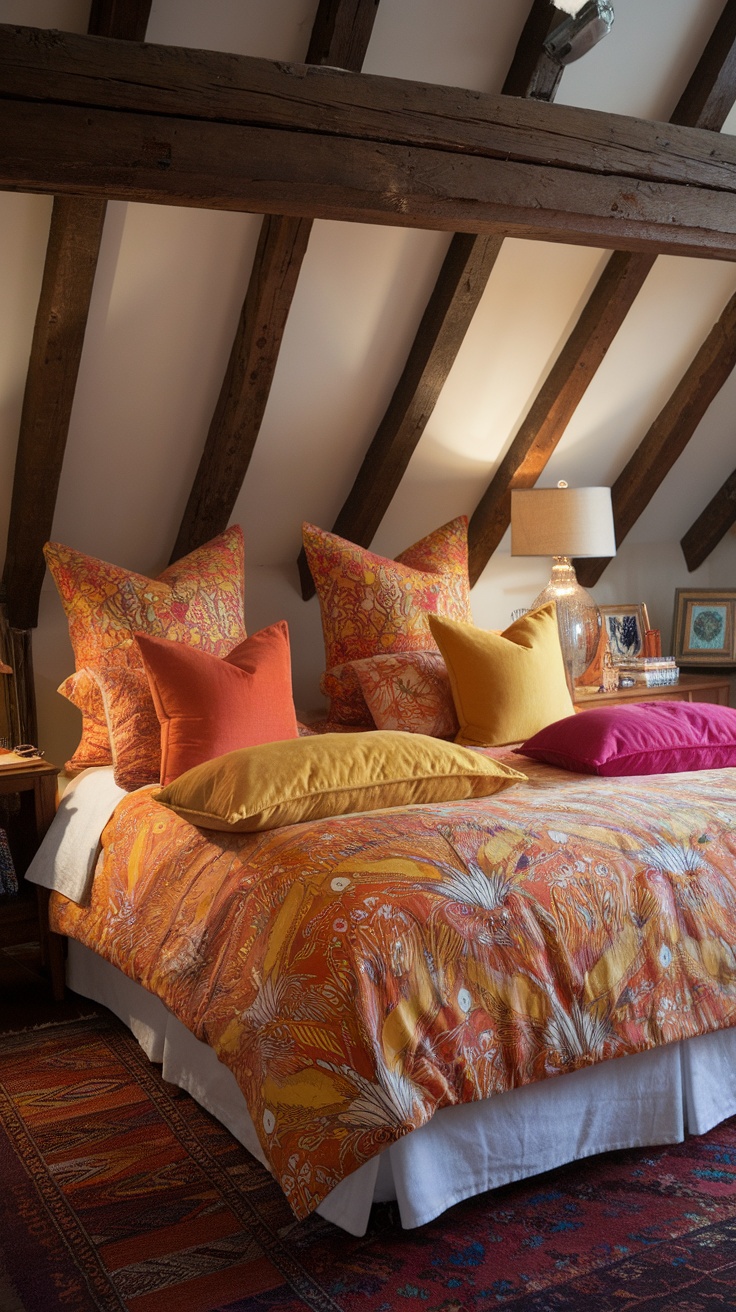 A vibrant and colorful bed with dynamic linens and pillows in warm hues.