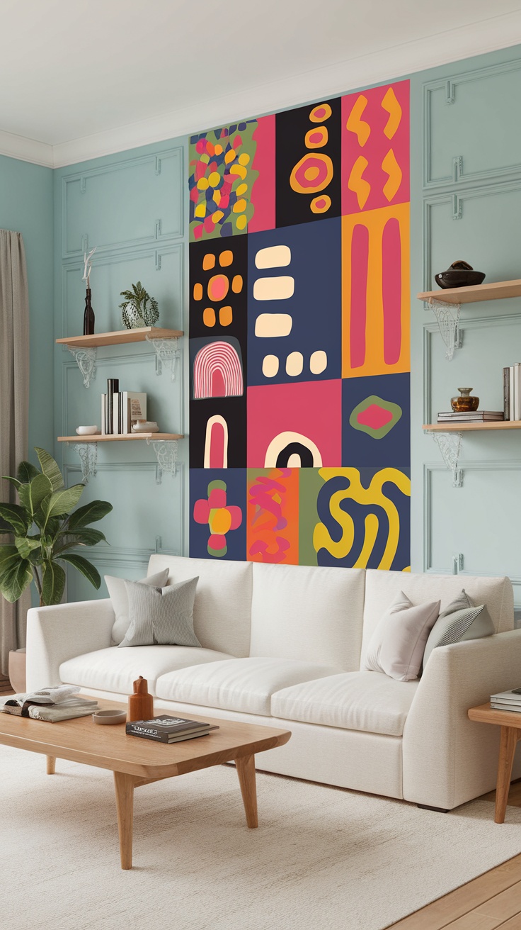 Colorful abstract wall art in a living room with light blue walls and modern furniture