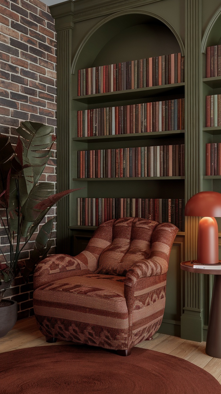 Cozy nook featuring earthy tones with a textured chair, brick wall, and bookshelves.