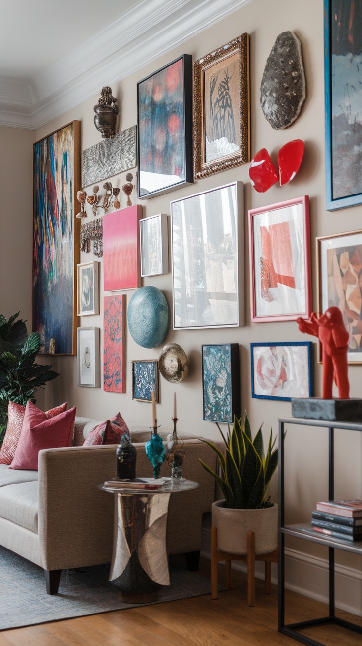 An eclectic display of colorful art pieces and sculptures on a wall, complemented by a cozy couch and decorative elements.