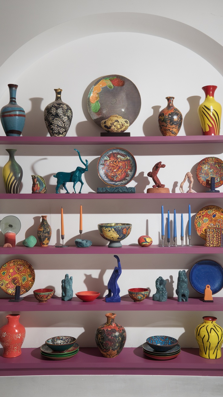 A vibrant display of decorative accessories including vases and plates on purple shelves, showcasing eclectic design.