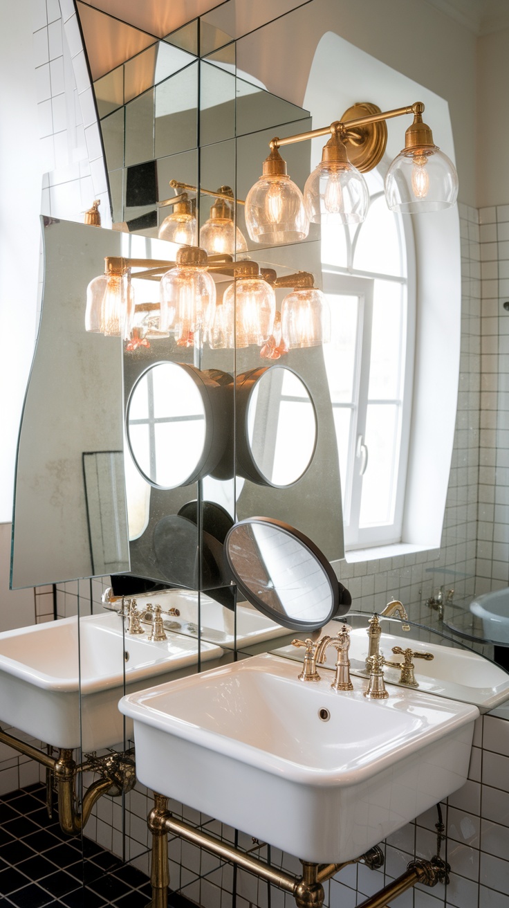 A stylish bathroom featuring eclectic mirrors and warm lighting.