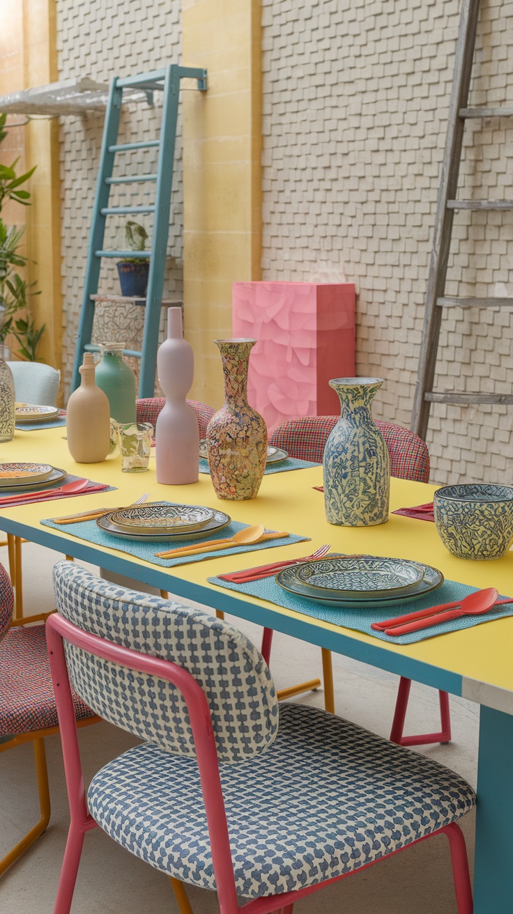 A vibrant dining table set with colorful plates and patterned chairs