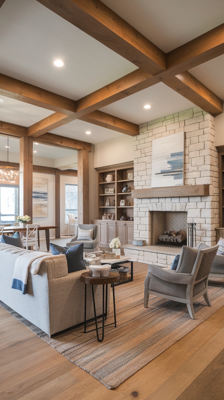 Modern farmhouse living room with cream-colored sofa, wooden beams, and stone fireplace.