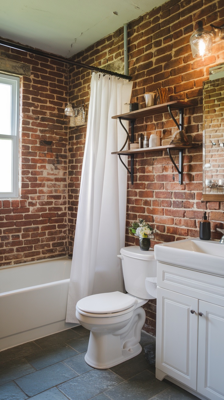 A bathroom with exposed brick walls, white fixtures, and wooden shelves.