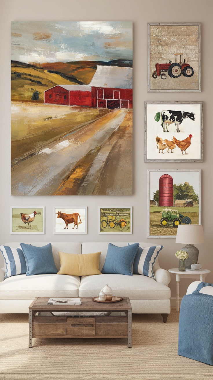 A cozy living room with farm-inspired artwork on the walls, featuring a large painting of a barn and smaller prints of farm animals.