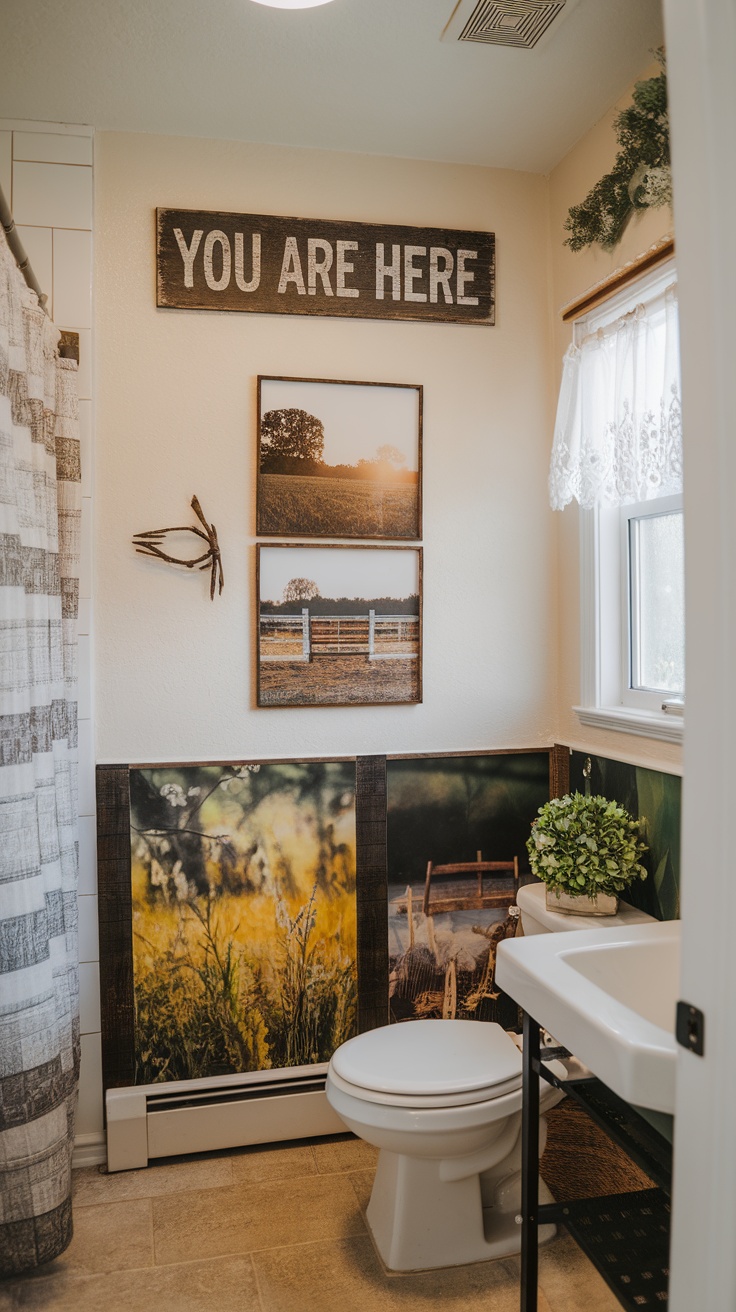 A cozy bathroom with farm-inspired wall art featuring photographs of landscapes and a rustic sign.