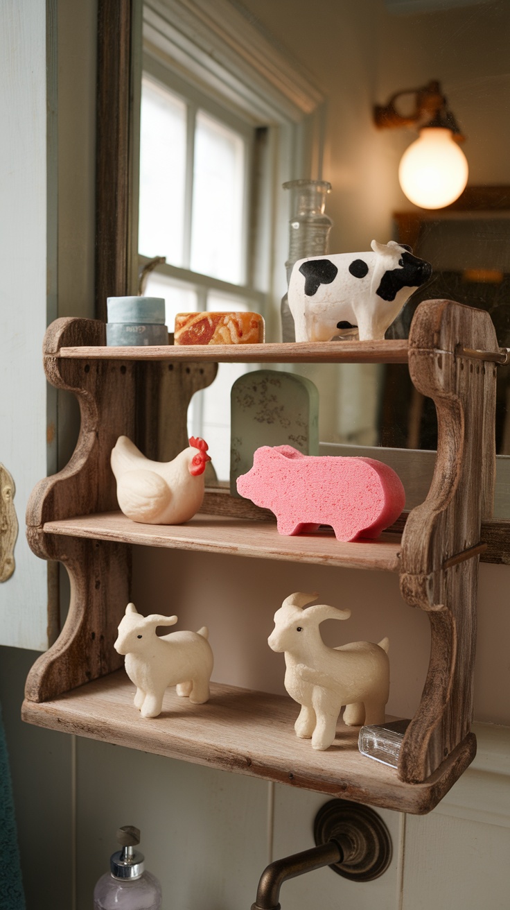 Shelves displaying farm-themed bath products including cow, pig, and goat soaps.