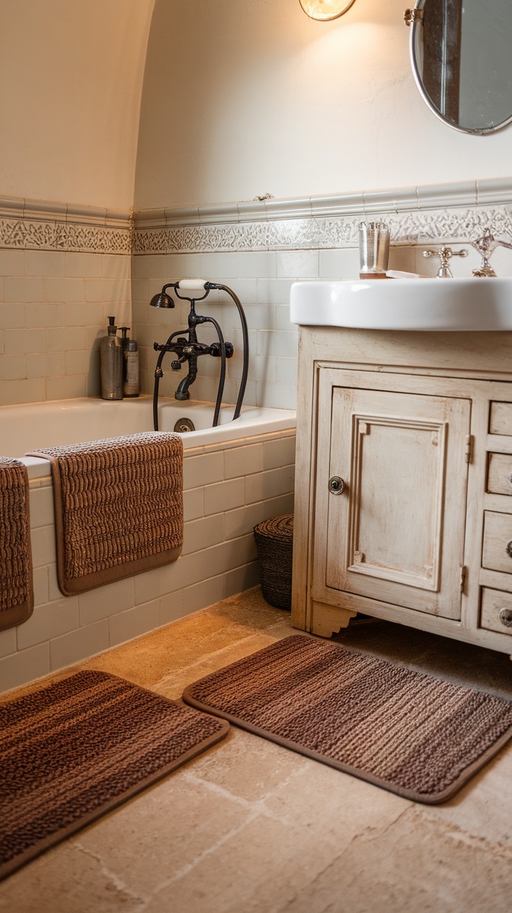 Farmhouse-style bathroom with woven bath mats, rustic elements, and natural tones