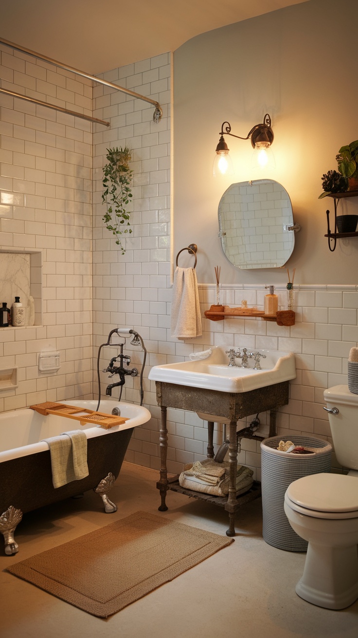 A rustic bathroom with a clawfoot tub, vintage sink, and natural wood towel rack