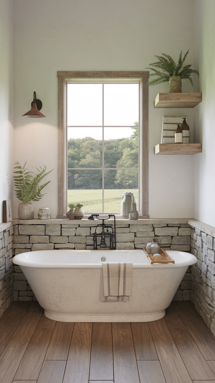 A serene farmhouse bathroom with a freestanding tub and natural elements.