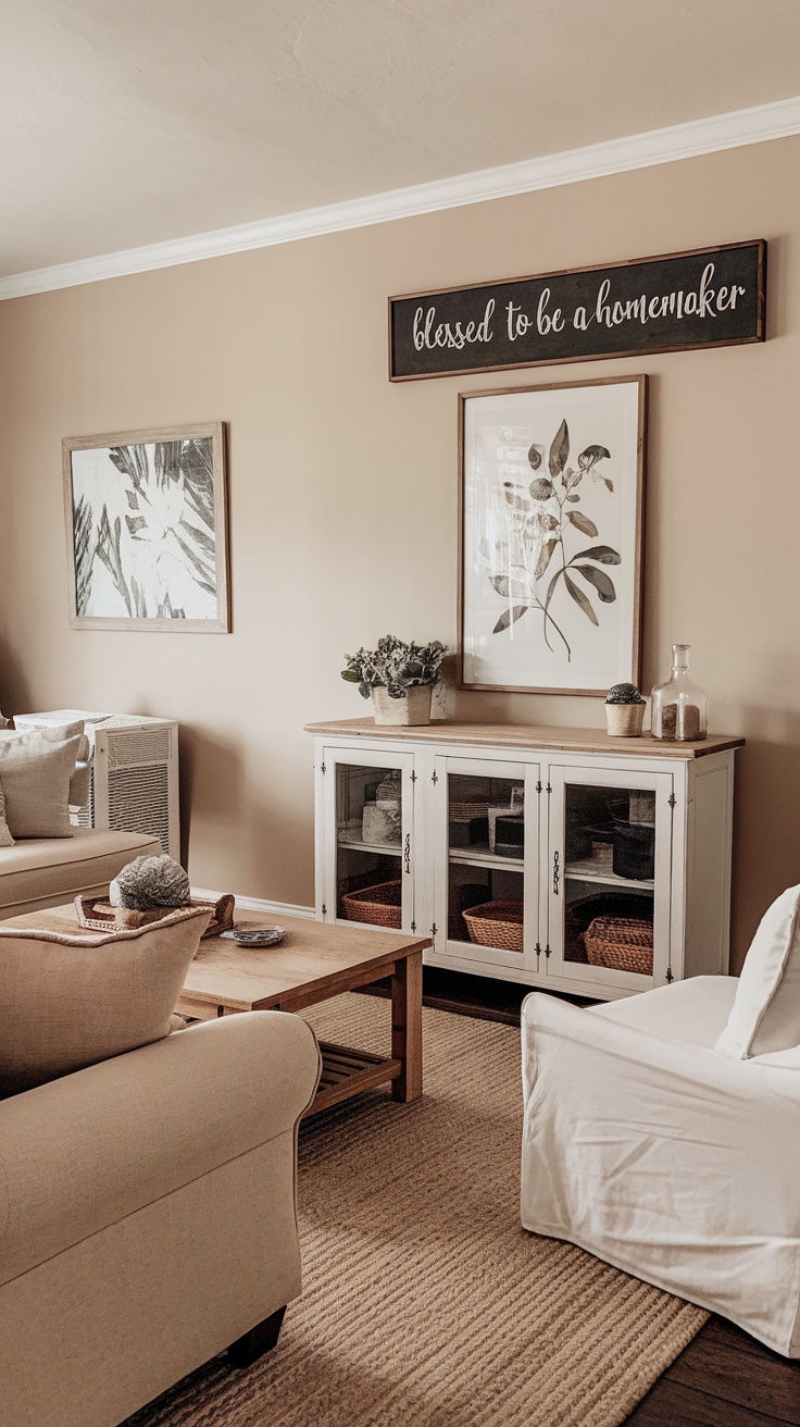 A cozy farmhouse living room with wall décor, including a sign that says 'blessed to be a homemaker' and framed artwork.