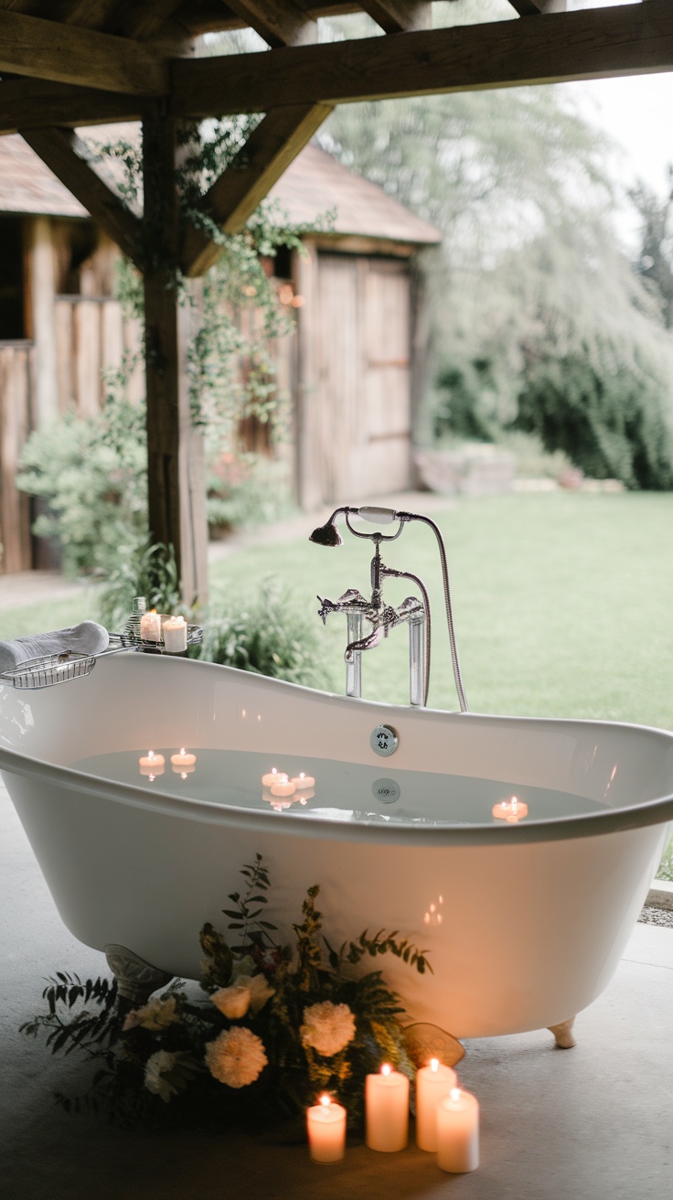 A freestanding bathtub surrounded by candles and flowers under a rustic wooden structure, with a view of greenery outside.